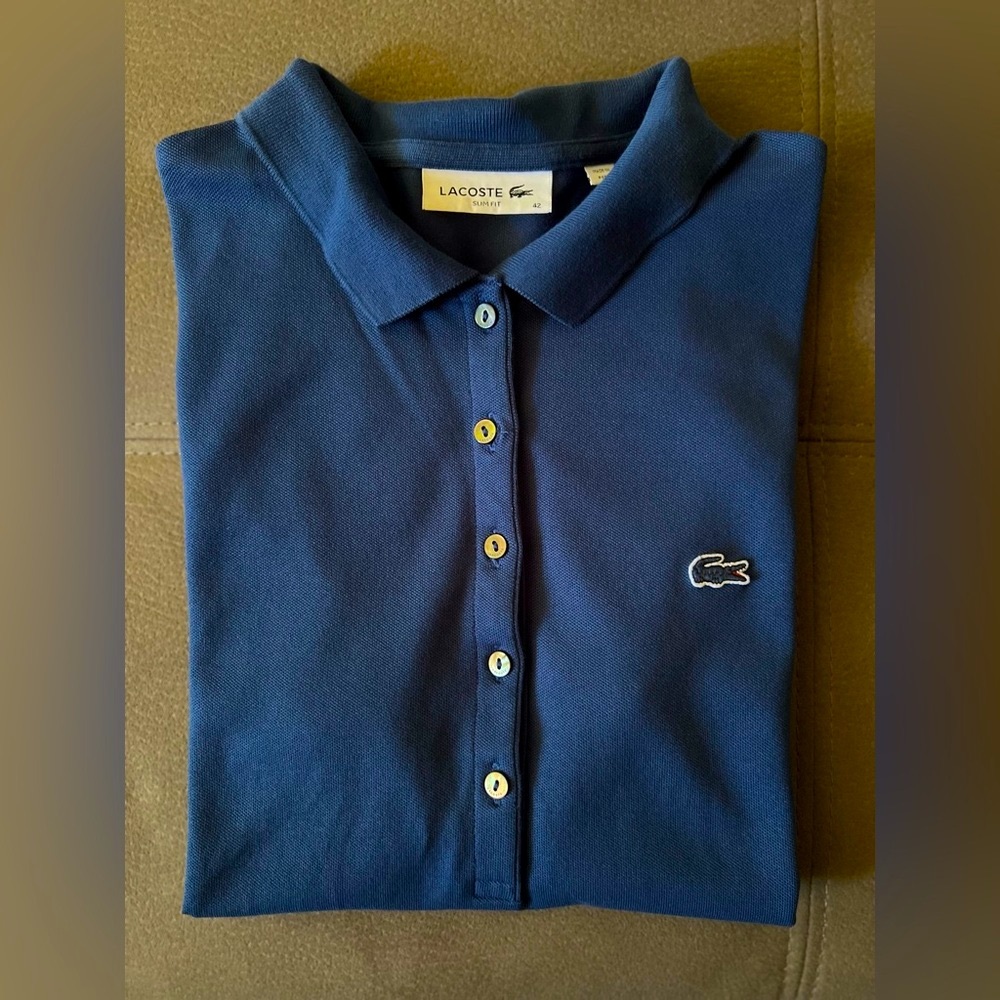 Lacoste Polo Pique Blue Womens Sz 42  TShirt Tee Short Sleeve Designer Top Golf